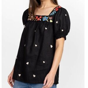Johnny Was Maris Sqaure Neck Park Blouse Linen‎ Embroidered Floral Heart Top XS